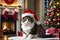 Festive Feline: Cat in Santa Hat Playfully Engaged with Christmas Tree Ornaments