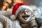 Festive Feline: Joyful Cat in Santa Hat.