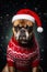 Festive Fido: A Cheerful Bulldog in a Red Sweater and Santa Hat