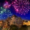 Festive firework over temple Akshardham, India. Delhi