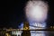 Festive Fireworks in the night sky of Budapest. View of the Chain Bridge and the Danube River