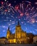 Festive fireworks over the Saint Vitus\'s cathedral, Prague, the Czech Republic