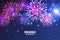 Festive fireworks. Realistic colorful firework on blue abstract background. Multicolored explosion. Christmas or New