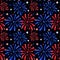 Festive Fireworks show seamless pattern. Red and blue salutes sparkles in the night sky. Celebration of Fourth of July, New Year