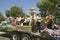 Festive float with singing Mariachis makes its way down main street during a Fourth of July parade in Ojai, CA