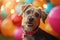 Festive furry friend Dog enjoys festivities among colorful decorations