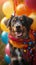 Festive furry friend Dog enjoys festivities among colorful decorations