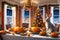 Festive Fusion: Mixed Holiday Celebration Scene - Bunny-Suited Figure Painting Easter Eggs Nestled Among Halloween Pumpkins