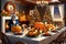 Festive Fusion: Mixed Holiday Celebration Scene - Bunny-Suited Figure Painting Easter Eggs Nestled Among Halloween Pumpkins