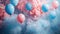 Festive Gender Reveal Backdrop with Pastel Blue and Red Smoke Clouds, Balloons, and Confetti