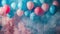 Festive Gender Reveal Backdrop with Pastel Smoke Clouds, Blue and Red Balloons, and Confetti