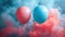 Festive Gender Reveal Backdrop with Pastel Smoke Clouds, Blue and Red Balloons, and Confetti