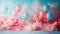 Festive Gender Reveal Backdrop with Pastel Smoke Clouds, Blue and Red Balloons, and Confetti