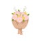 Festive gift bouquet of yellow pink flowers in mate paper on empty background