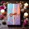 Festive gift box with ribbon bokeh background