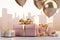 festive gift boxes, with pink and gold balloons with space for text. holiday, sales concept