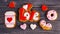 Festive gift gingerbread for Valentine\\\'s Day in the shape of a cup of coffee, hearts, a donut, the word love
