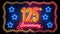 Festive Glowing Shine 125th Anniversary Text With Stars Neon Light Inside Dots And Art Line Border Frame On Brick Wall