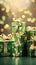 Festive green presents, shimmering gold bows, St. Patricks celebration