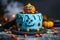 Festive Halloween Cake with Pumpkin Topper on Dark Themed Background with Autumn Decor