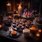 Festive Halloween Dessert Spread on Rustic Farm Table