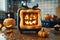 Festive Halloween Kitchen Decor with Carved Pumpkin and Autumn Vibes