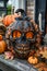 Festive Halloween Pumpkin Decoration with Glitter and Candle on Porch Display