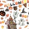 Festive Halloween seamless pattern with hand painted symbols of October 31. Watercolor pumpkin head, spooky ghost, haunted house,