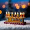 Festive Hanukkah Menorah and Dreidels in Snowy Nighttime Landscape