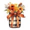 Festive Harvest: Joyful Autumn Florals in Mason Jar with Plaid Bow - Isolated on White Background - Generative AI