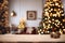 Festive Holiday Ambiance Empty Wooden Table Amidst Defocused Christmas Background with Ample Copy Spac. created with Generative AI