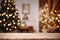 Festive Holiday Ambiance Empty Wooden Table Amidst Defocused Christmas Background with Ample Copy Spac. created with Generative AI