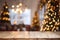 Festive Holiday Ambiance Empty Wooden Table Amidst Defocused Christmas Background with Ample Copy Spac. created with Generative AI