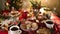 festive holiday scenes featuring a table adorned with Christmas delicacy , christmas background Generative AI