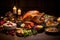 A festive holiday table spread featuring a succulent roast turkey, cranberry sauce, roasted vegetables, and a selection of