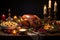 A festive holiday table spread featuring a succulent roast turkey, cranberry sauce, roasted vegetables, and a selection of