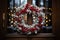 Festive holiday wreath, intricately woven with fragrant pine boughs, crimson berries