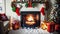 Festive home Christmas interior. Bright cozy living room with a burning fireplace, Christmas tree, XMas stockings