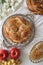 Festive Homemade baked round challah bread glazed with honey and sugar for Rosh Hashanah Jewish New Year