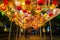 Festive illuminated lanterns hanging over a walking path