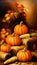 A festive image of orange pumpkins on a hay bale with autumn leaves and corn cobs, perfect for Halloween and Thanksgiving themes