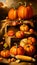 A festive image of orange pumpkins on a hay bale with autumn leaves and corn cobs, perfect for Halloween and Thanksgiving themes