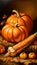 A festive image of orange pumpkins on a hay bale with autumn leaves and corn cobs, perfect for Halloween and Thanksgiving themes