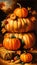 A festive image of orange pumpkins on a hay bale with autumn leaves and corn cobs, perfect for Halloween and Thanksgiving themes