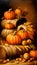 A festive image of orange pumpkins on a hay bale with autumn leaves and corn cobs, perfect for Halloween and Thanksgiving themes