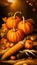 A festive image of orange pumpkins on a hay bale with autumn leaves and corn cobs, perfect for Halloween and Thanksgiving themes