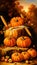 A festive image of orange pumpkins on a hay bale with autumn leaves and corn cobs, perfect for Halloween and Thanksgiving themes