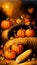 A festive image of orange pumpkins on a hay bale with autumn leaves and corn cobs, perfect for Halloween and Thanksgiving themes