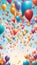 A festive image of various balloons in different colors and shapes floating in the sky, creating a cheerful and fun atmosphere