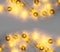 Festive included garland on gray background flat lay top view. Cotton Balls Garland. Round bulbs LED festoon electric garland.